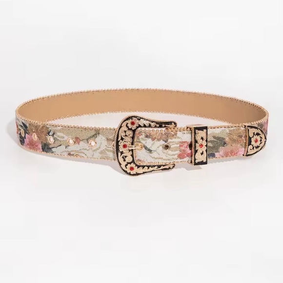 Embellished Floral Western Buckle Belt - Gold & Multicolor 45” - Picture 2 of 2